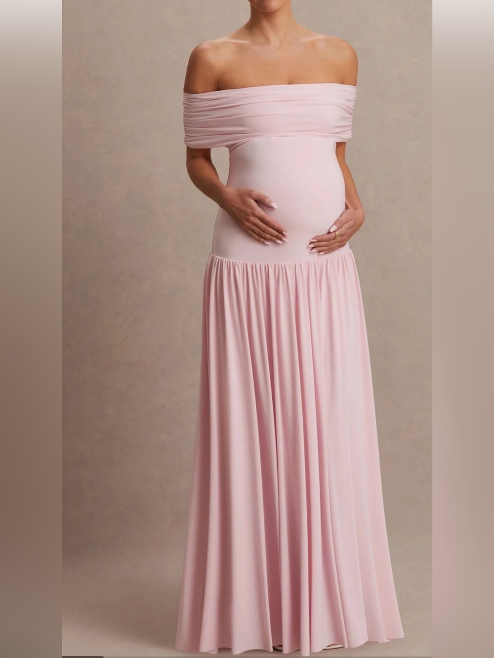 Blush Pink Bardot-Neck Maternity Maxi Dress